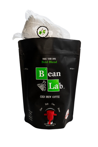 A packaged cold brew kit labeled 'Bean Lab. Cold Brew Coffee' with a 'Bold Blend' indicator, consisting of a brew bag and a filter bag.